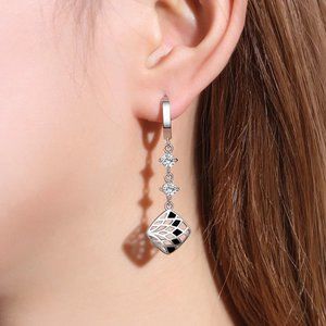 Korean Fashion Geometric Black Grid Earrings Women Chic Silver 925 Long Earring